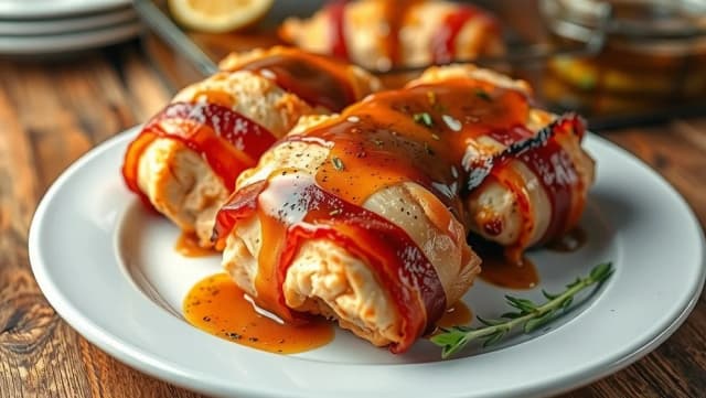Baconlindat kyckling i ugn med sås