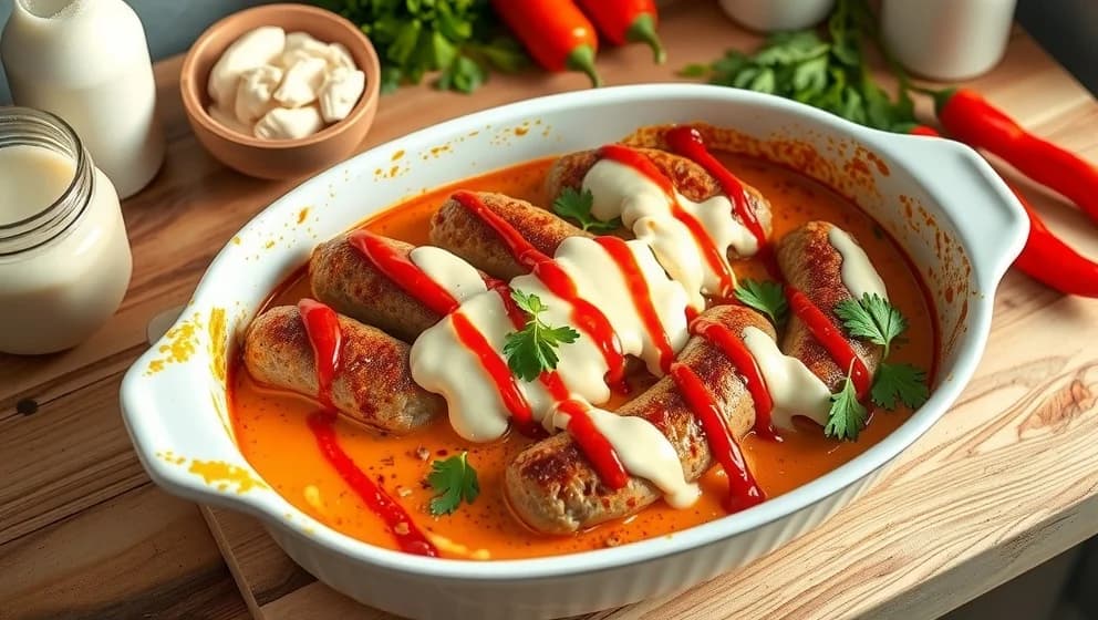 Falukorv i ugn med grädde och chilisås